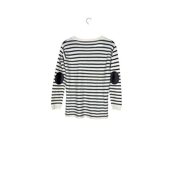 J. Crew Striped Leather Panel Wool Knit Long Sleeve Sweater XS Black Cream #4247 - Picture 15 of 15